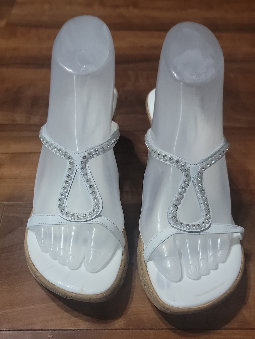 Athena Alexander White Crystal T-Strap Wedge Sandals